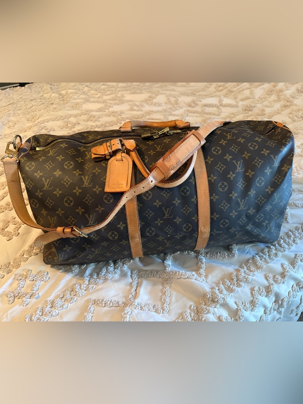 Louis Vuitton Brown Monogram Keepall Travel Duffel - Tan Leather Trim